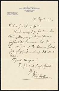 Holls, Frederick William, 1857-1903 autograph letter signed to Hugo Münsterberg, New York, 17 April 1902