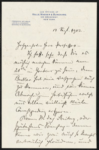 Holls, Frederick William, 1857-1903 autograph letter signed to Hugo Münsterberg, New York, 13 September 1902