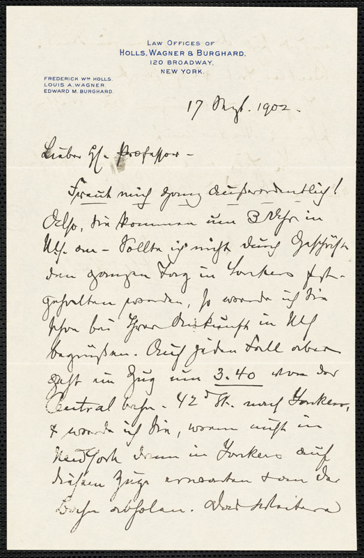 Holls, Frederick William, 1857-1903 autograph letter signed to Hugo Münsterberg, New York, 17 September 1902
