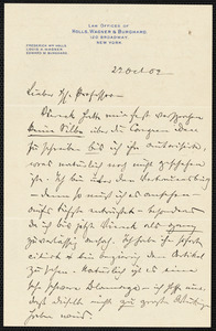 Holls, Frederick William, 1857-1903 autograph letter signed to Hugo Münsterberg, New York, 20 October 1902