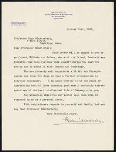 Holls, Frederick William, 1857-1903 typed letter signed to Hugo Münsterberg, New York, 31 October 1902