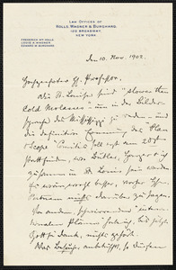 Holls, Frederick William, 1857-1903 autograph letter signed to Hugo Münsterberg, New York, 10 November 1902