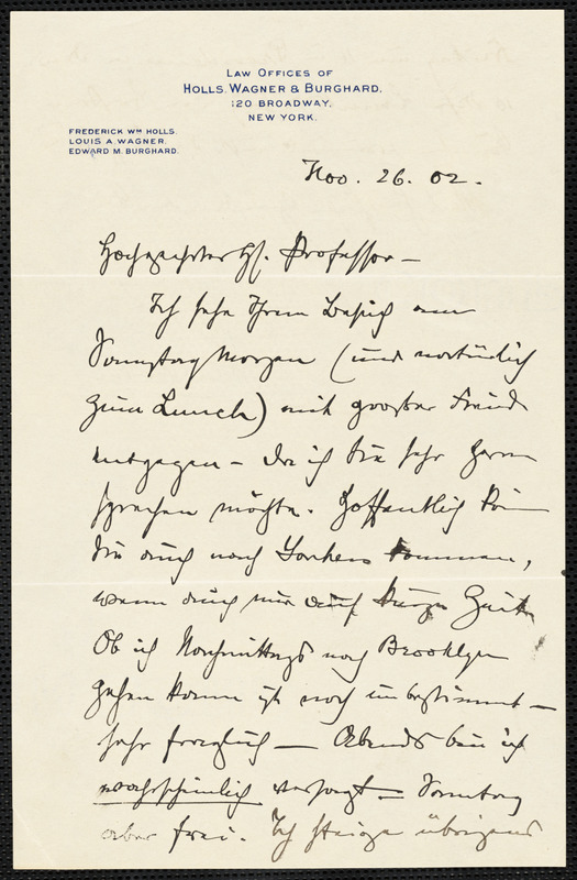 Holls, Frederick William, 1857-1903 autograph letter signed to Hugo Münsterberg, New York, 26 November 1902