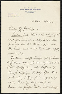 Holls, Frederick William, 1857-1903 autograph letter signed to Hugo Münsterberg, New York, 3 December 1902