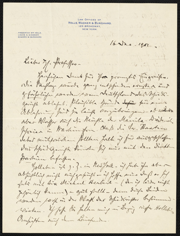 Holls, Frederick William, 1857-1903 autograph letter signed to Hugo Münsterberg, New York, 16 December 1902