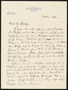Holls, Frederick William, 1857-1903 autograph letter signed to Hugo Münsterberg, New York, 16 December 1902