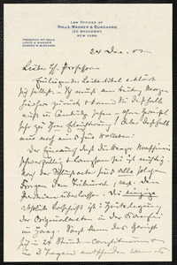Holls, Frederick William, 1857-1903 autograph letter signed to Hugo Münsterberg, New York, 24 December 1902