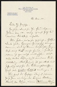 Holls, Frederick William, 1857-1903 autograph letter signed to Hugo Münsterberg, New York, 26 December 1902