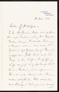 Holls, Frederick William, 1857-1903 autograph letter signed to Hugo Münsterberg, Yonkers, N.Y., 28 December 1902