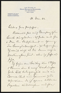 Holls, Frederick William, 1857-1903 autograph letter signed to Hugo Münsterberg, New York, 31 December 1902