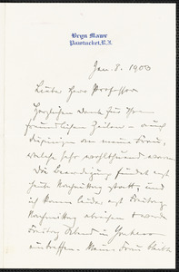 Holls, Frederick William, 1857-1903 autograph letter signed to Hugo Münsterberg, Pawtucket, R.I., 8 January 1903