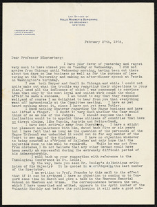 Holls, Frederick William, 1857-1903 typed letter signed to Hugo Münsterberg, New York, 27 February 1903