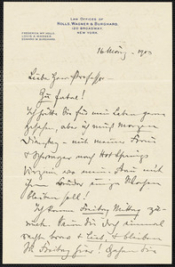 Holls, Frederick William, 1857-1903 autograph letter signed to Hugo Münsterberg, New York, 16 March 1903