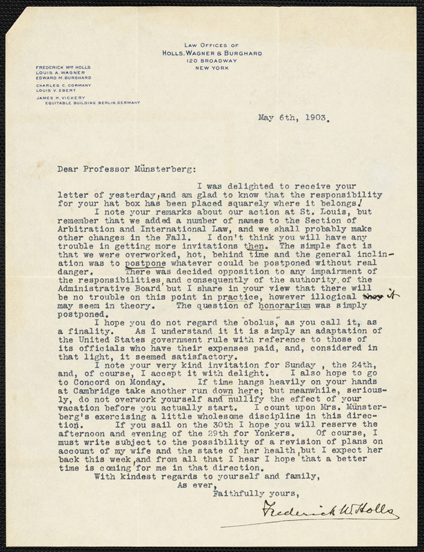 Holls, Frederick William, 1857-1903 typed letter signed to Hugo Münsterberg, New York, 6 May 1903