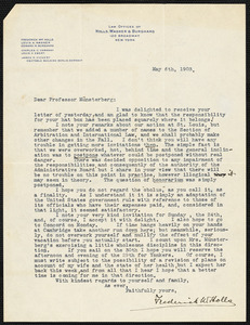 Holls, Frederick William, 1857-1903 typed letter signed to Hugo Münsterberg, New York, 6 May 1903