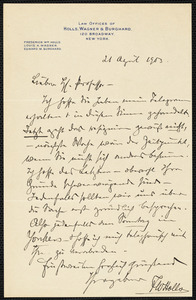 Holls, Frederick William, 1857-1903 autograph letter signed to Hugo Münsterberg, New York, 21 August 1903