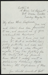 Holt, Edwin B. (Edwin Bissell), 1873-1946 autograph letter signed to Hugo Münsterberg, Fort Warren, Boston, 24 May 1898