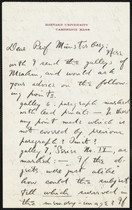 Holt, Edwin B. (Edwin Bissell), 1873-1946 autograph letter signed to Hugo Münsterberg, Cambridge, Mass., 15 September 1902