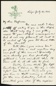 Holt, Edwin B. (Edwin Bissell), 1873-1946 autograph letter signed to Hugo Münsterberg, Liège, Belgium, 21 July 1903