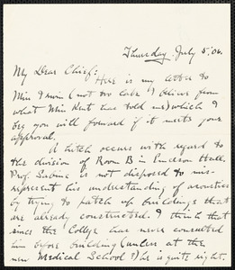 Holt, Edwin B. (Edwin Bissell), 1873-1946 autograph letter signed to Hugo Münsterberg, Cambridge, Mass., 5 July 1906