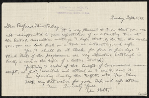 Holt, Edwin B. (Edwin Bissell), 1873-1946 autograph letter signed to Hugo Münsterberg, Cambridge, Mass., 5 September 1909