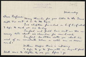 Holt, Edwin B. (Edwin Bissell), 1873-1946 autograph letter signed to Hugo Münsterberg, Cambridge, Mass., [1913?]