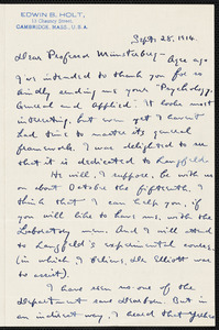 Holt, Edwin B. (Edwin Bissell), 1873-1946 autograph letter signed to Hugo Münsterberg, Cambridge, Mass., 28 September 1914