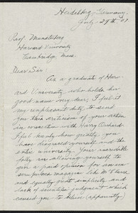 Holt, William L., fl.1907 autograph letter signed to Hugo Münsterberg, Heidelberg, Ger., 29 July 1907