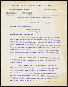 Hooper, Franklin William, 1851-1914 typed letter signed to Hugo Münsterberg, Brooklyn, N.Y., 14 December 1909