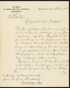 Horn, fl.1908 manuscript letter signed to Hugo Münsterberg, Berlin, 21 March 1908