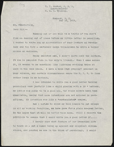 Horton, T. T., fl.1913 typed letter (copy) to Hugo Münsterberg, Newport, R.I., 10 May 1913