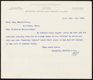 Houghton Mifflin Co. typed letter signed to Hugo Münsterberg, Boston, 15 September 1902