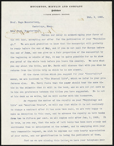 Houghton Mifflin Co. typed letter signed to Hugo Münsterberg, Boston, 9 February 1905