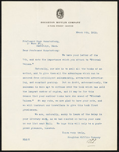 Houghton Mifflin Co. typed letter signed to Hugo Münsterberg, Boston, 8 March 1912
