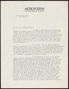 Hovey, Carl, 1875-1956 typed letter signed to Hugo Münsterberg, 29 September 1913