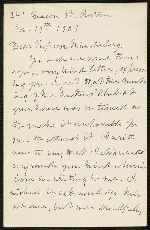 Howe, Julia Ward, 1819-1910 autograph letter signed to Hugo Münsterberg, 19 November 1907