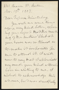 Howe, Julia Ward, 1819-1910 autograph letter signed to Hugo Münsterberg, 19 November 1907