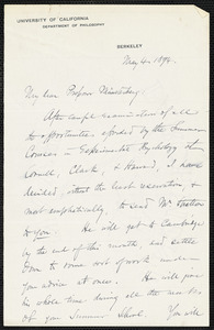 Howison, George Holmes, 1834-1917 autograph letter signed to Hugo Münsterberg, Berkeley, Cal., 4 May 1894