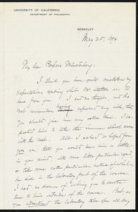 Howison, George Holmes, 1834-1917 autograph letter signed to Hugo Münsterberg, Berkeley, Cal., 25 May 1894