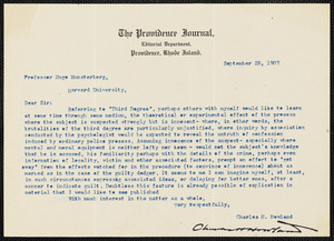 Howland, Charles H., fl.1907 typed letter signed to Hugo Münsterberg, Providence, R.I., 28 September 1907