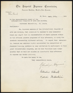 Hozumi, Nobushige, 1855-1926 typed letter signed to the Administrative Board of the International Congress of Arts and Science, St. Louis, Mo., 19 September 1904