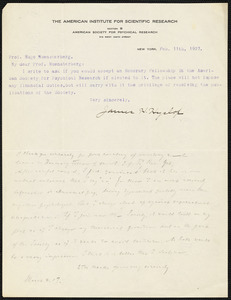 Hyslop, James H. (James Hervey), 1854-1920 typed letter signed to Hugo Münsterberg, New York, 11 February 1907