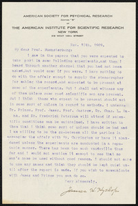 Hyslop, James H. (James Hervey), 1854-1920 typed letter signed to Hugo Münsterberg, New York, 15 November 1909