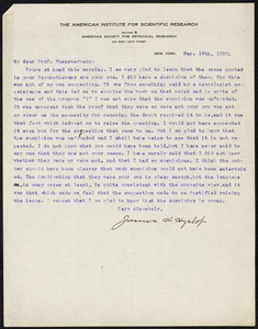 Hyslop, James H. (James Hervey), 1854-1920 typed letter signed to Hugo Münsterberg, New York, 18 March 1910