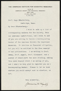 Hyslop, James H. (James Hervey), 1854-1920 typed letter signed to Hugo Münsterberg, New York, 15 January 1913