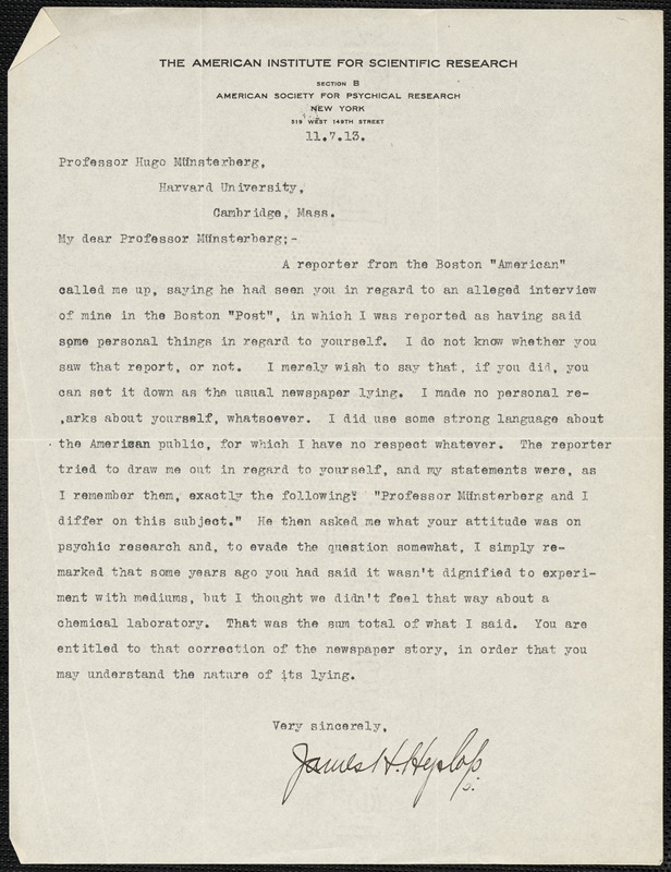 Hyslop, James H. (James Hervey), 1854-1920 typed letter signed to Hugo Münsterberg, New York, 7 November 1913