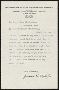 Hyslop, James H. (James Hervey), 1854-1920 typed letter signed to Hugo Münsterberg, New York, 14 November 1913