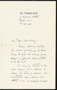 Ireland, Alleyne, 1871-1951 autograph letter signed to Hugo Münsterberg, Boston, 28 October 1907