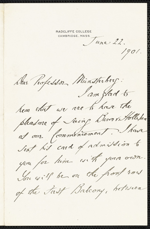 Irwin, Agnes, 1841-1914 autograph letter signed to Hugo Münsterberg, Cambridge, Mass., 22 June 1901