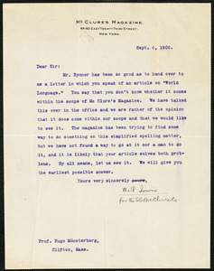 Irwin, Will, 1873-1948 typed letter signed to Hugo Münsterberg, Cambridge, Mass., 6 September 1906